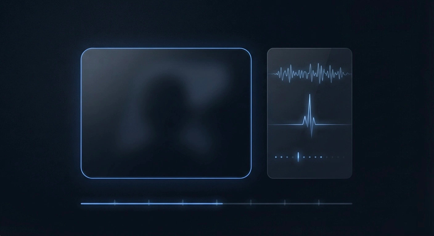 Illustration of a video-call frame beside a translucent panel tracing waveform, paste-burst, and app-activity signals along a pulse timeline.