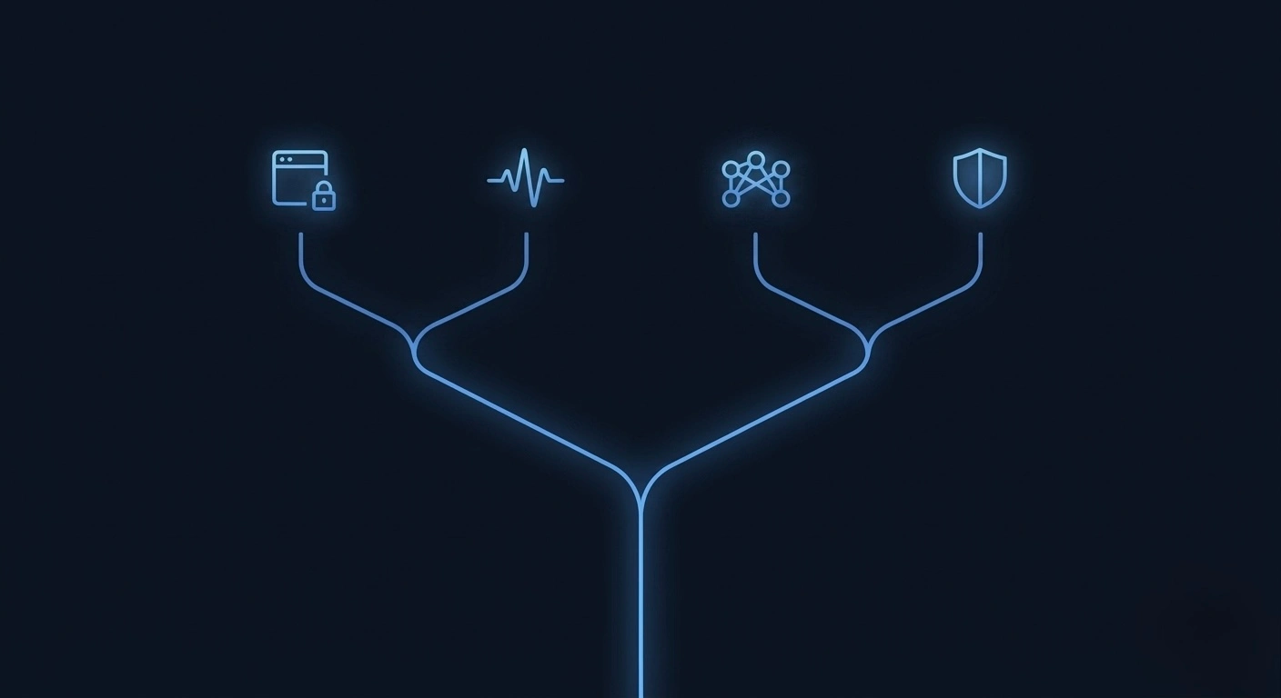 Illustration of a branching blue decision path splitting into four endpoints marked with window-lock, waveform, node-graph, and shield icons.