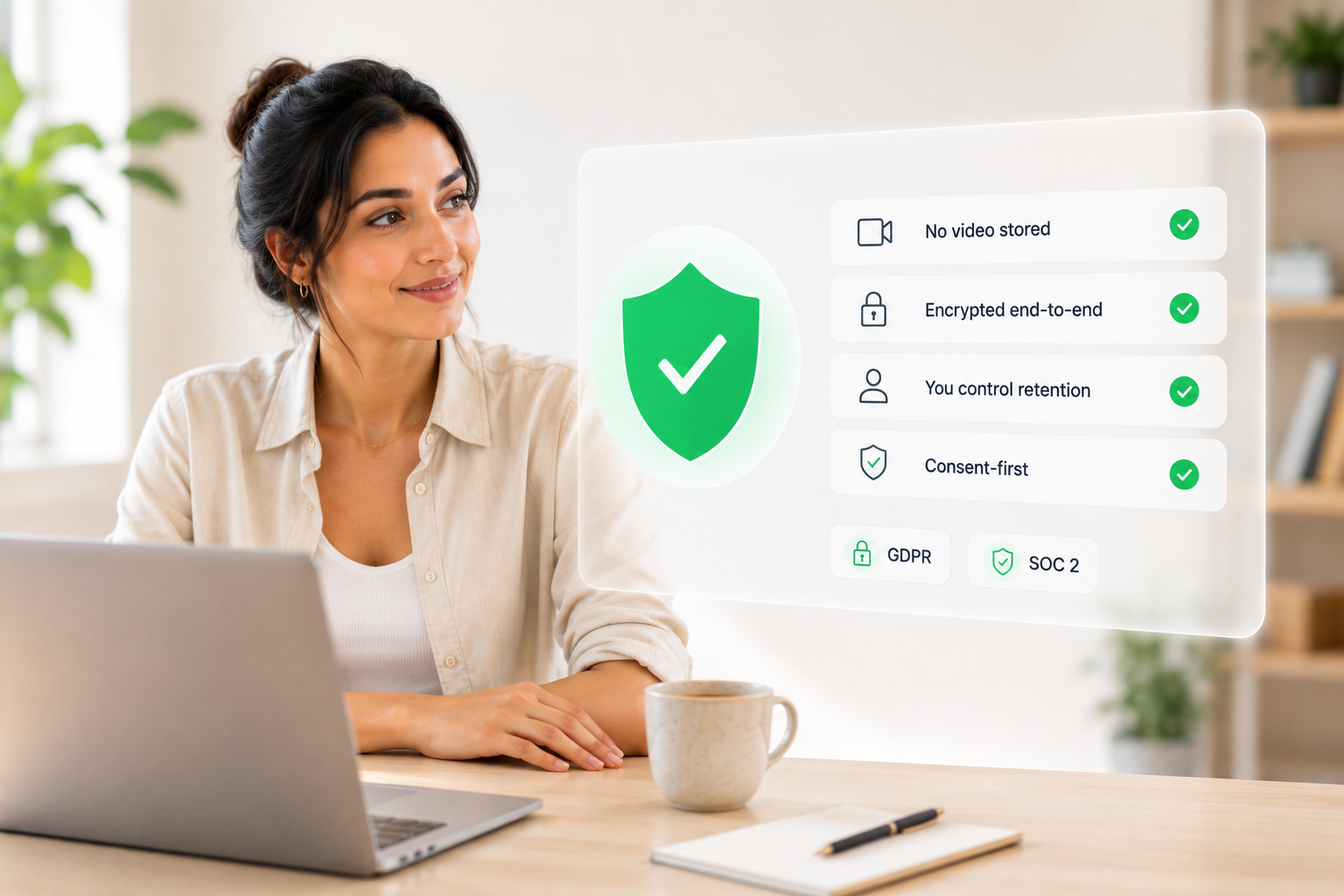 A reassured candidate beside Trueyy's privacy guarantees: no video stored, encrypted end-to-end, you control retention, consent-first.
