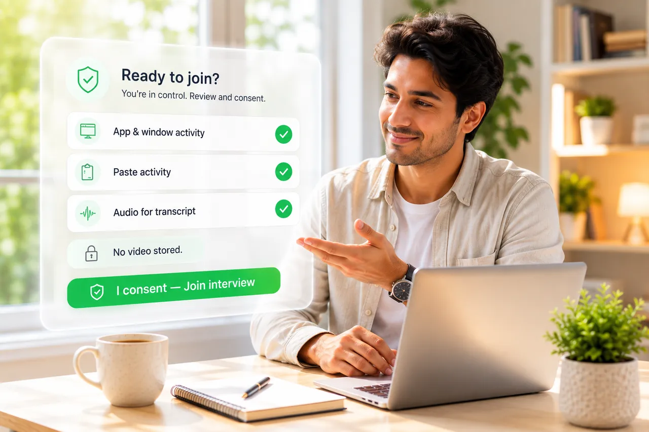 The candidate joins, with consent up front — a Trueyy interviewer using the product