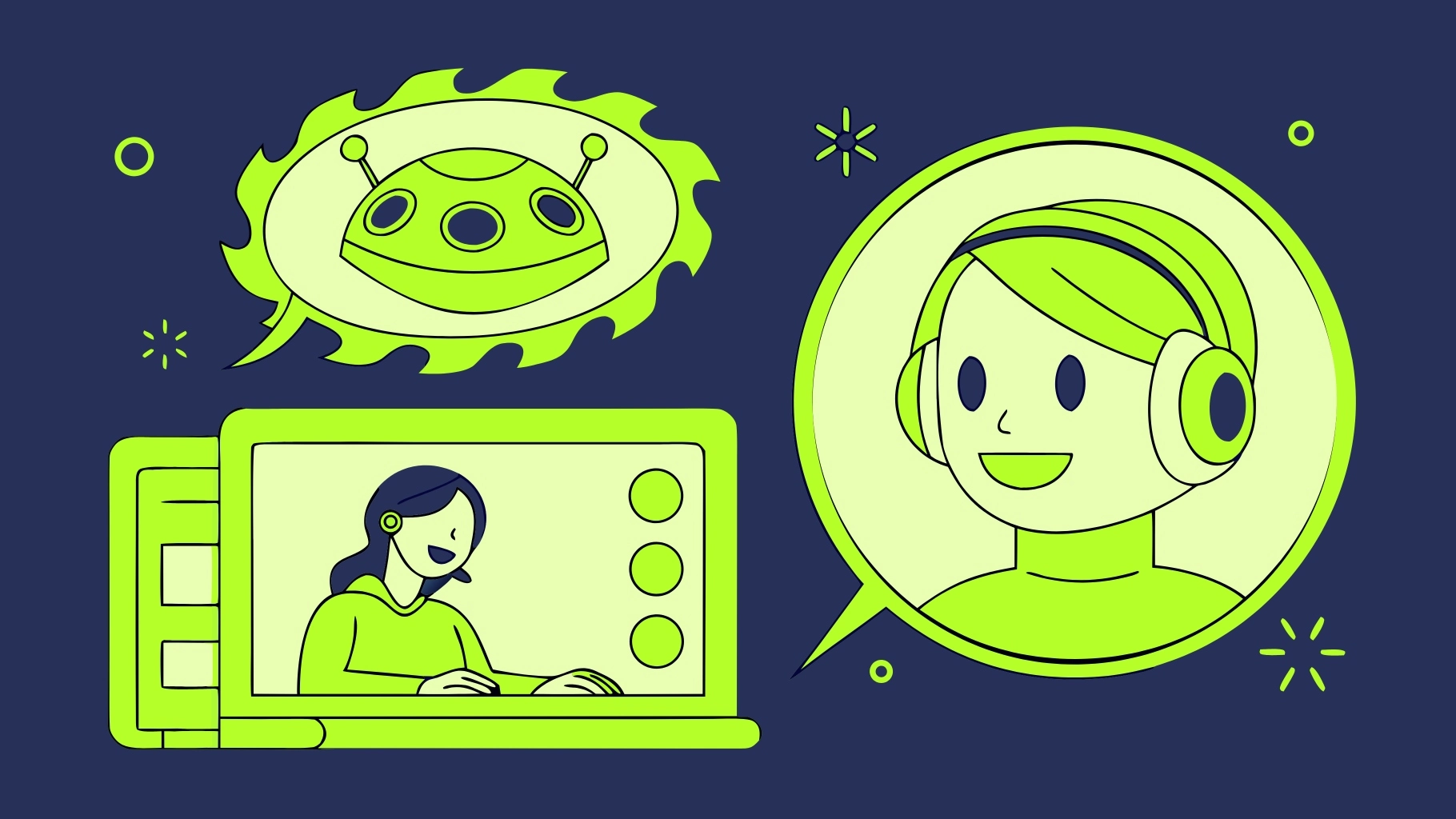 A single silhouette facing an AI orb beside a waveform threading between two facing silhouettes, contrasting an AI-run interview with a live human interview being read for signals.