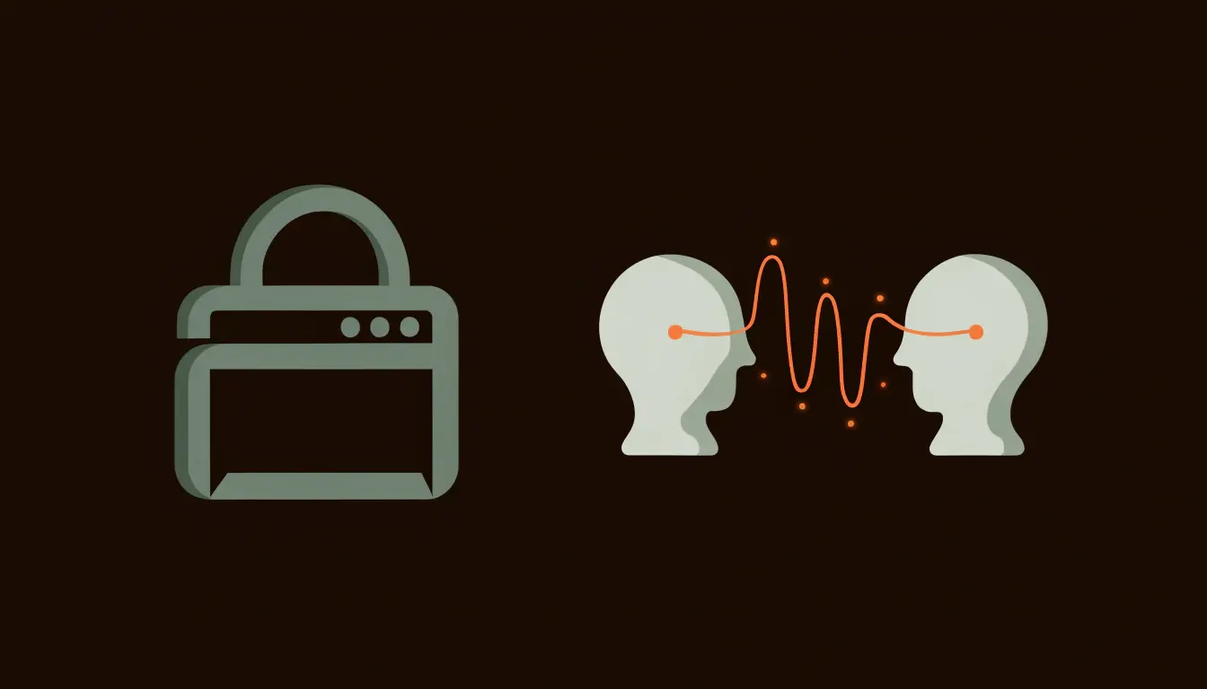 A padlocked browser window representing exam lockdown shown beside a glowing signal waveform threading between two figures for live signal reading.
