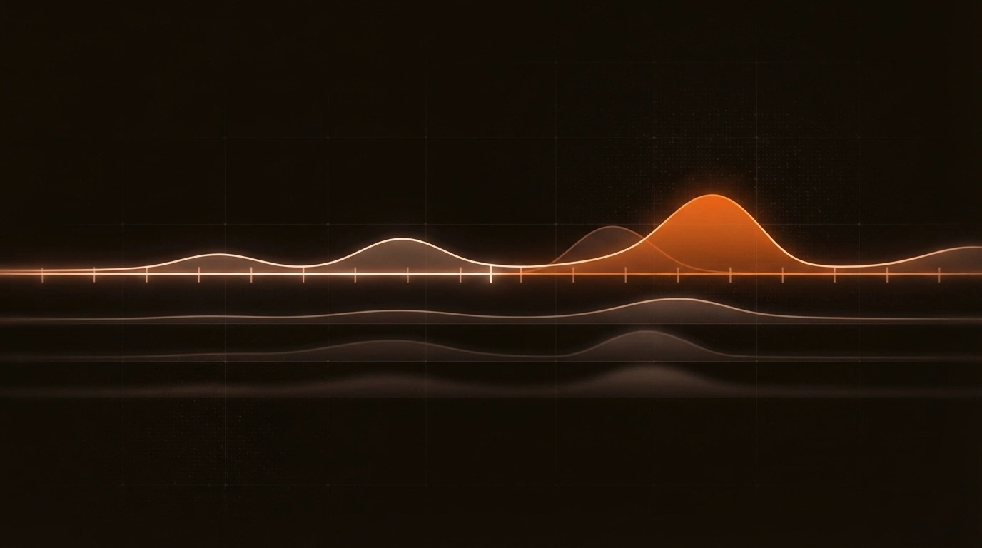 A horizontal glowing timeline of evenly spaced tick marks rising into calm risk peaks above three faint parallel lanes for app, keystroke, and voice signals.